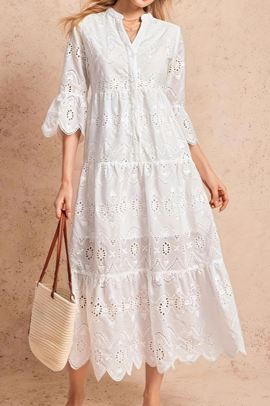 V-neck Hollow Seven Quarter Sleeve Dress