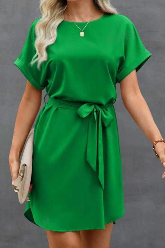 Satin Short Sleeved Waist Cinching Dress