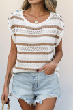 Round Neck Knitted Striped Short Sleeved Sweater