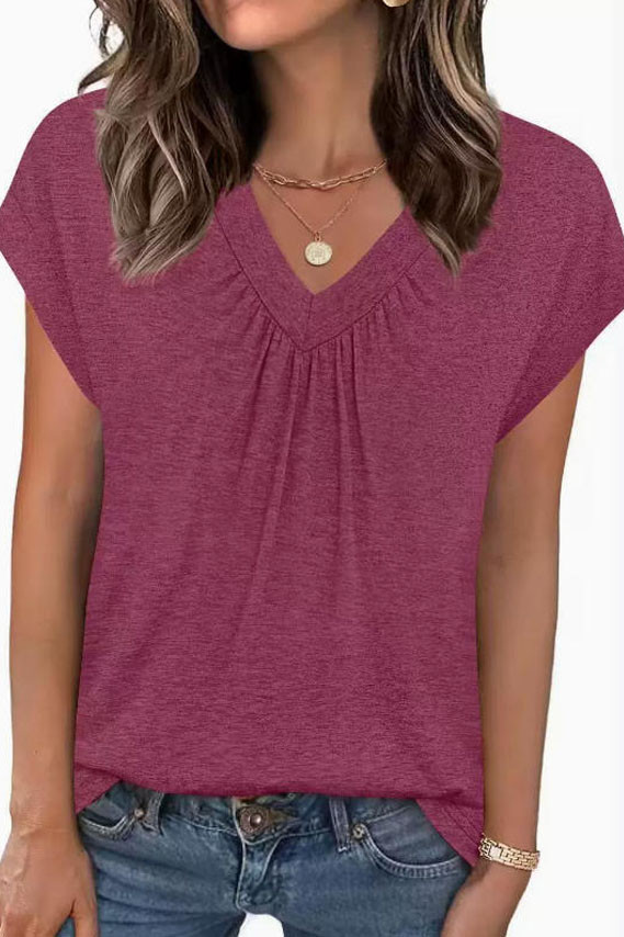 V-neck Pleated Short Sleeved T-shirt