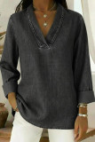 Solid Color Retro Cropped Sleeve Denim Shirt