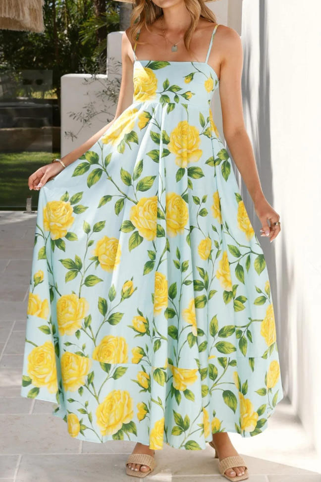 Flower Print High Waisted Sleeveless Camisole Dress