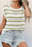 Round Neck Knitted Striped Short Sleeved Sweater