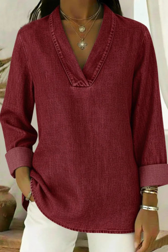 Solid Color Retro Cropped Sleeve Denim Shirt