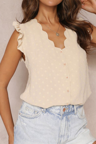 Swiss Dot Ruffled Short Sleeved V-neck Shirt