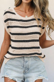 Round Neck Knitted Striped Short Sleeved Sweater