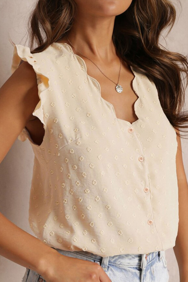 Swiss Dot Ruffled Short Sleeved V-neck Shirt