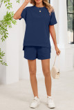 Round Neck T-shirt Drawstring Shorts Two-piece Set