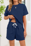 Round Neck T-shirt Drawstring Shorts Two-piece Set