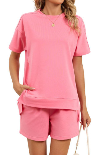 Round Neck T-shirt Drawstring Shorts Two-piece Set