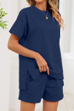 Round Neck T-shirt Drawstring Shorts Two-piece Set