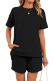 Round Neck T-shirt Drawstring Shorts Two-piece Set