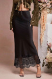 High Waist Satin Lace Trimmed Fishtail Skirt