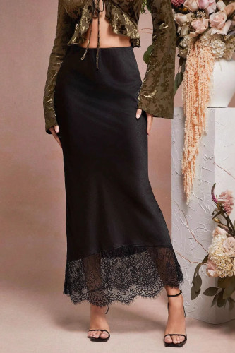 High Waist Satin Lace Trimmed Fishtail Skirt