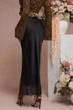 High Waist Satin Lace Trimmed Fishtail Skirt