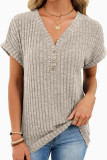 Solid Color V-neck Short Sleeved Knitted T-shirt