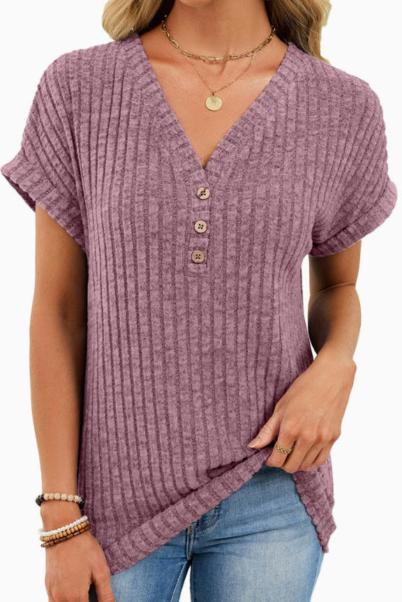 Solid Color V-neck Short Sleeved Knitted T-shirt