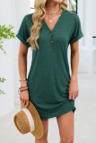 Solid Color V-neck Button Short Sleeved Dress