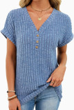 Solid Color V-neck Short Sleeved Knitted T-shirt