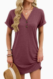 Solid Color V-neck Button Short Sleeved Dress