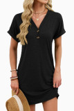 Solid Color V-neck Button Short Sleeved Dress