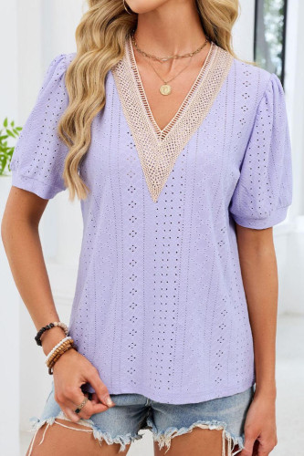 Solid Color V-Neck Loose Lantern Sleeve T-Shirt