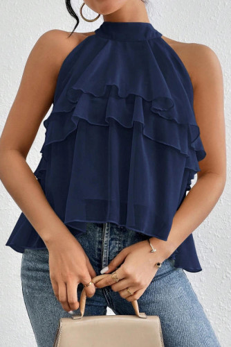 Solid Color Neck Hanging Sleeveless Ruffled Shirt