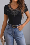 Solid Color Embroidered Short Sleeved Lace T-shirt