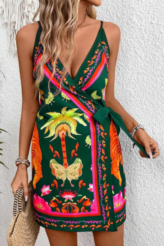 Summer Tropical Printed Sleeveless Waist Dress