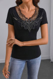 Solid Color Embroidered Short Sleeved Lace T-shirt