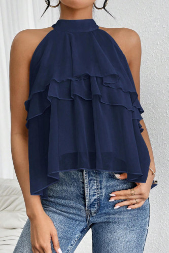 Solid Color Neck Hanging Sleeveless Ruffled Shirt
