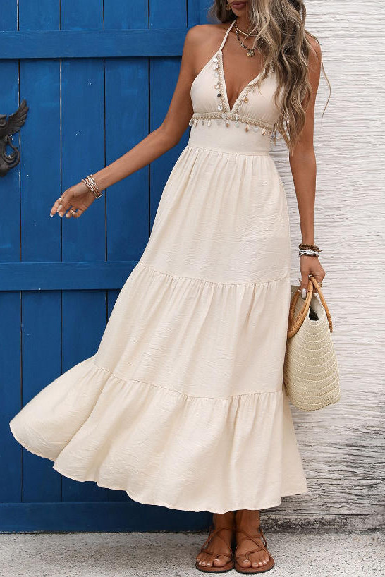 Shell Tassel Solid Color Suspender Dress
