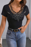 Solid Color Embroidered Short Sleeved Lace T-shirt