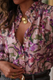 Flower Print V-neck Loose Long Sleeved Shirt