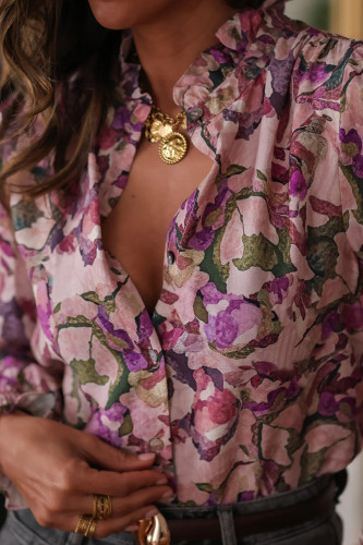 Flower Print V-neck Loose Long Sleeved Shirt