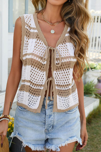 Striped Hollow Out Sleeveless Knitted Cardigan Vest