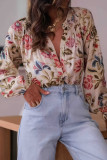 Deep V-neck Retro Printed Long Sleeved Shirt