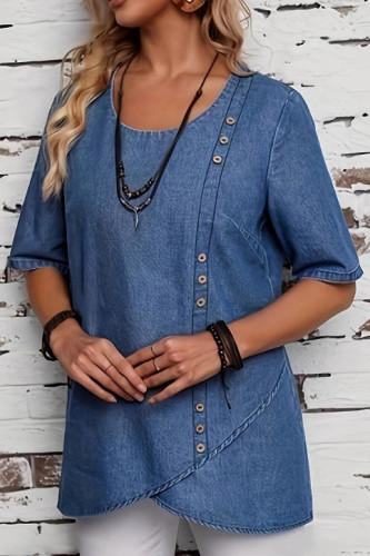 Round Neck Short Sleeved Denim T-shirt