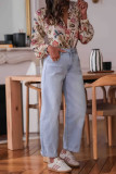 Deep V-neck Retro Printed Long Sleeved Shirt