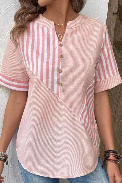 Striped Printed Short Sleeved V-neck Shirt