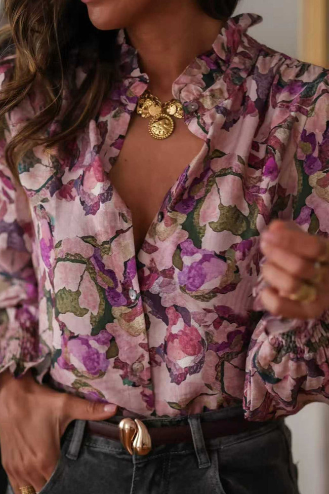 Flower Print V-neck Loose Long Sleeved Shirt