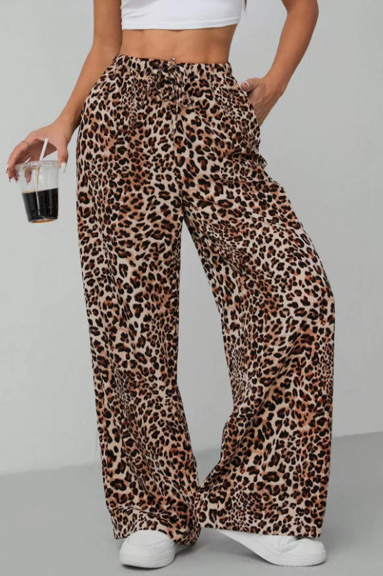 Leopard Print Elastic Waist Straight Leg Pants