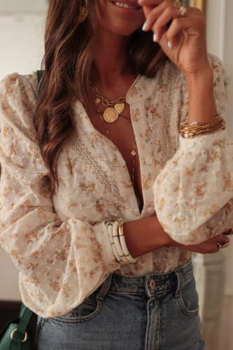 V-neck Floral Print Lace Long Sleeved Shirt