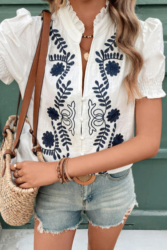 V-neck Floral Embroidered Short Sleeved Shirt