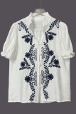 V-neck Floral Embroidered Short Sleeved Shirt