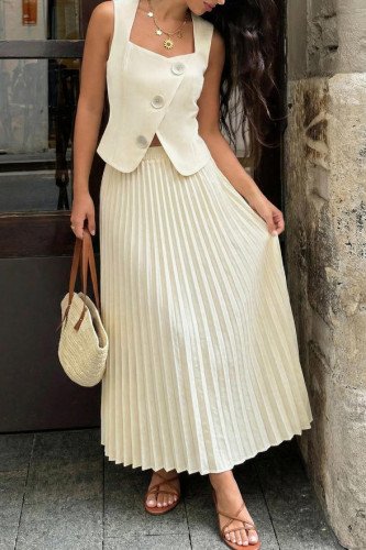 U-neck Vest Pleated Short Skirt 2-piece Set