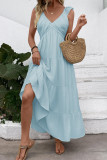 Sleeveless V-neck Solid Color Waist Cinching Dress