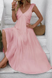 Sleeveless V-neck Solid Color Waist Cinching Dress