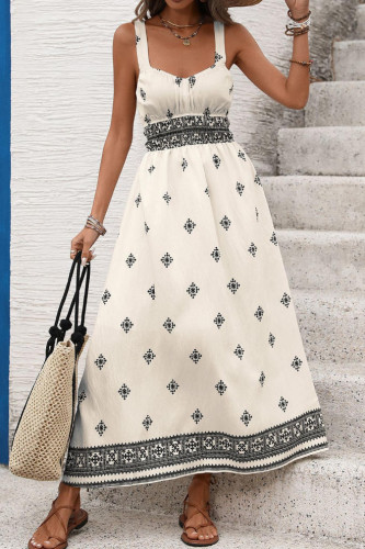 Sleeveless Printed Waist Cinching Backless Dress