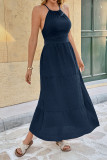 Solid Color Waist Cinched Backless Dress